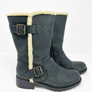 Clarks Orinoco Art Womens Black Mid-Calf Boots Faux Fur Trim Buckle Zip Size 7.5